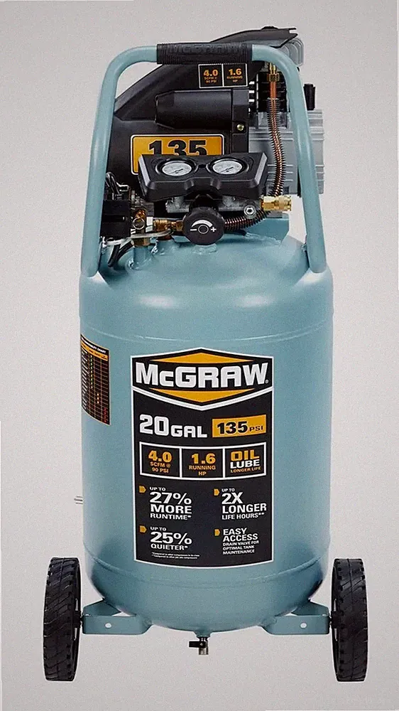20 Gallon, 135 PSI Oil-Lube Vertical Shop/Auto Air Compressor- Painting, Nailing