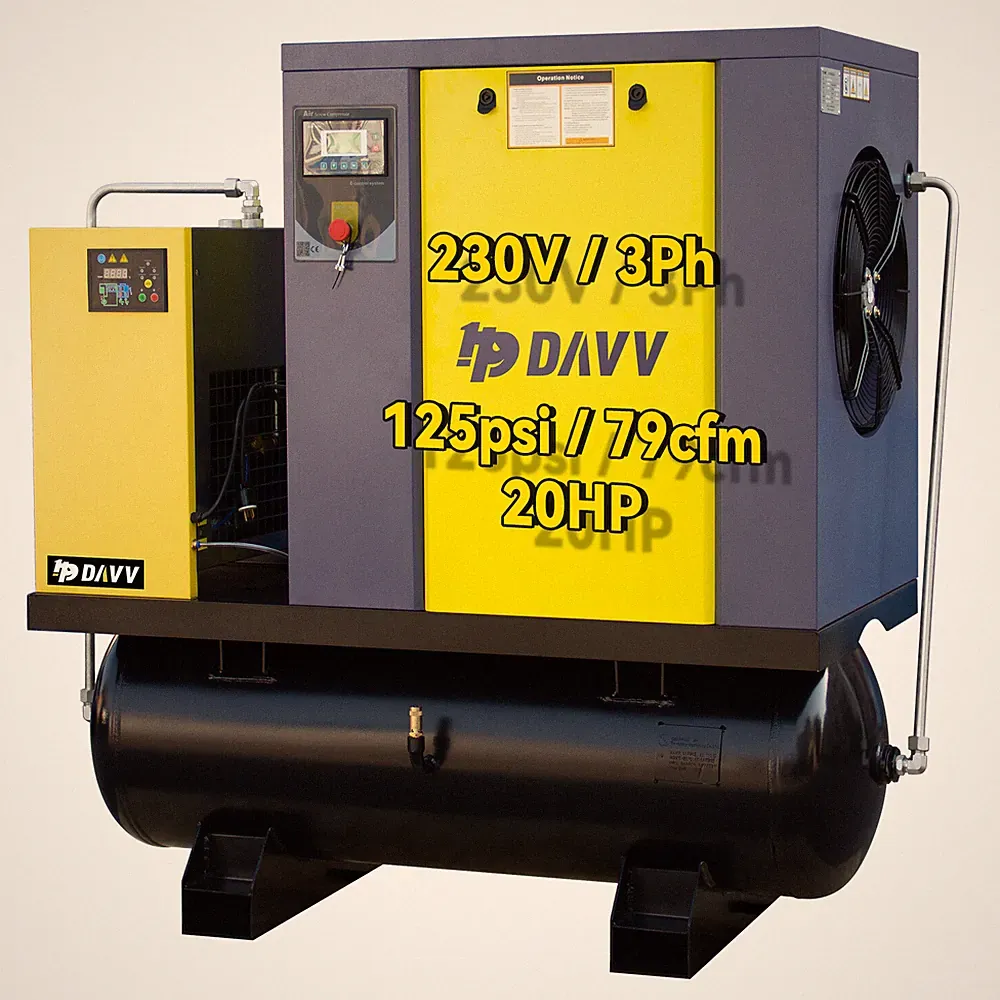 20 HP 230V 3 Ph Rotary Screw Air Compressor + Refrigerated Dryer + 80 Gal. Tank