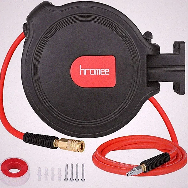 Air Compressor Hose Reel with Automatic Retractable Enclosed Feet Hybrid