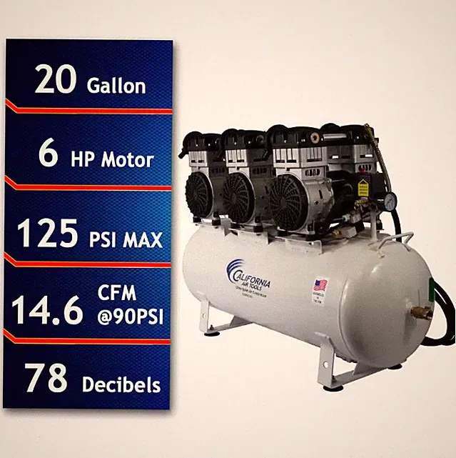 Air Compressor - Ultra Quiet Oil-Free 6-HP 20-Gallon Auto Drain 125 psi 14.6 CFM