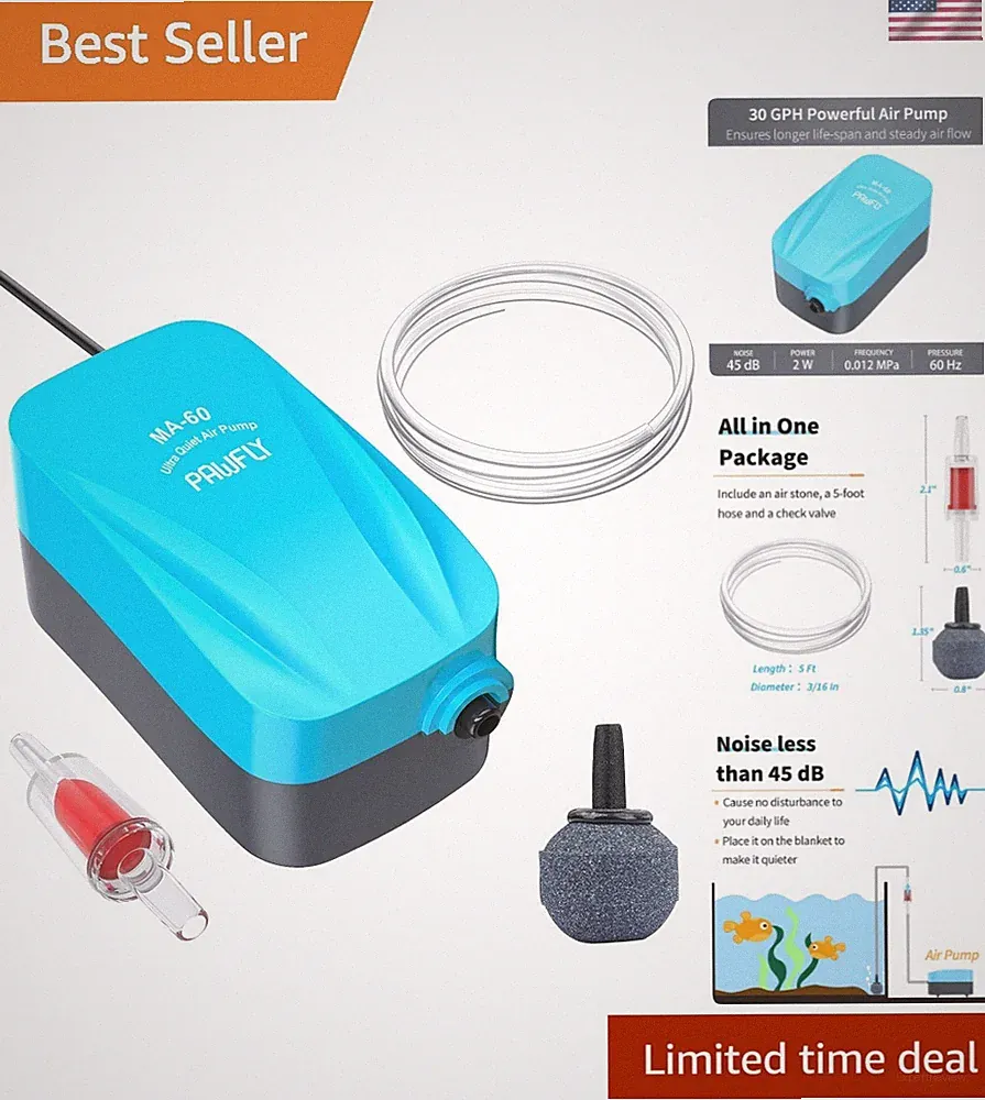 Compact Quiet Air Pump for 3-20 Gallon Aquariums - Includes All Accessories