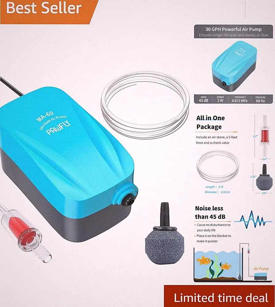 Whisper-Quiet Air Pump with Accessories: Perfect for 3-20 Gallon Aquariums